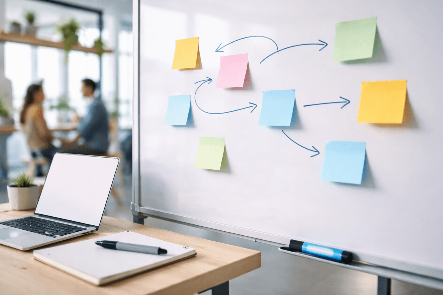 Graphic designer planning a branding sprint with a whiteboard and sticky notes in a co-working space