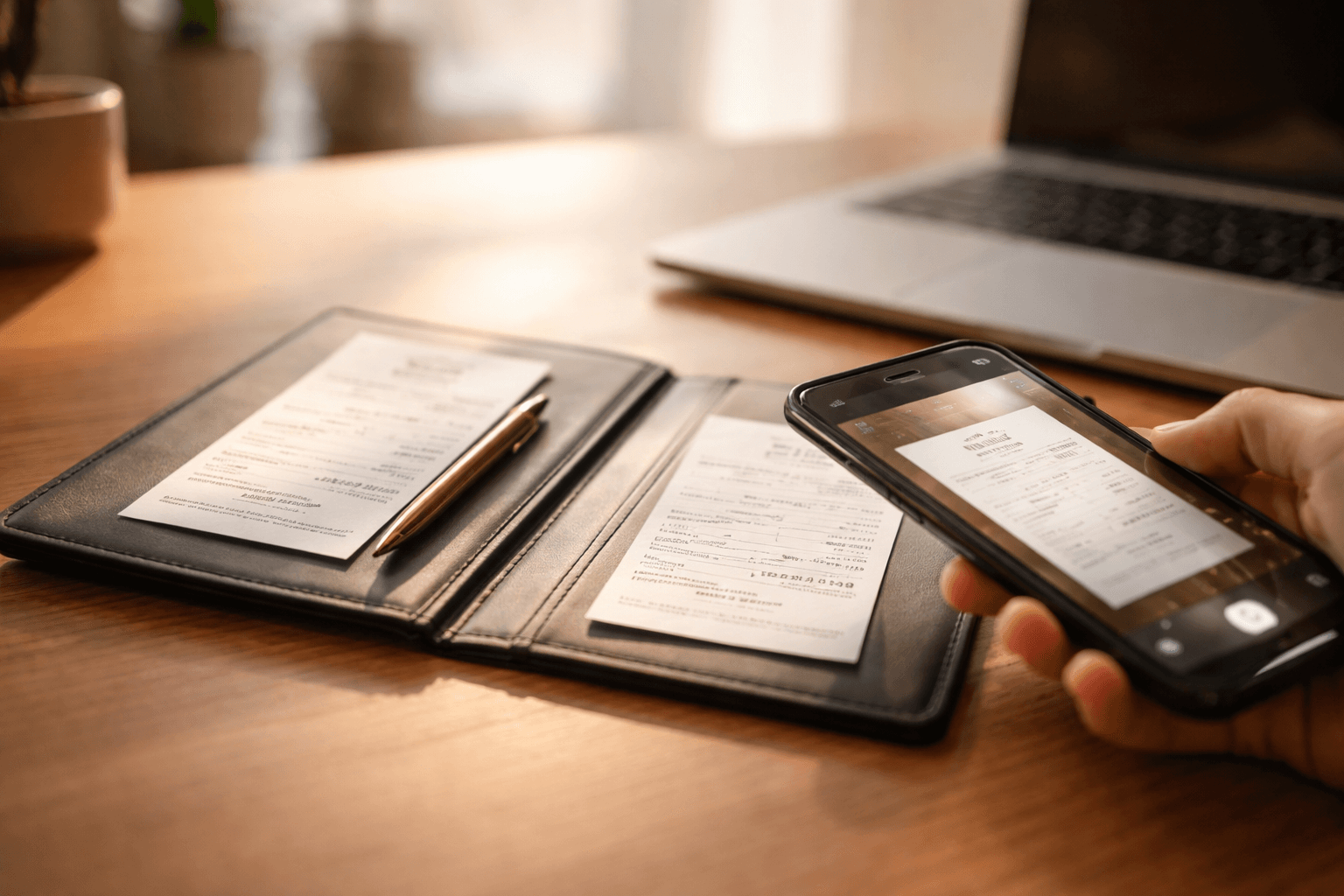 Close-up of a laptop and receipt folder on a desk, warm afternoon light, clean editorial composition