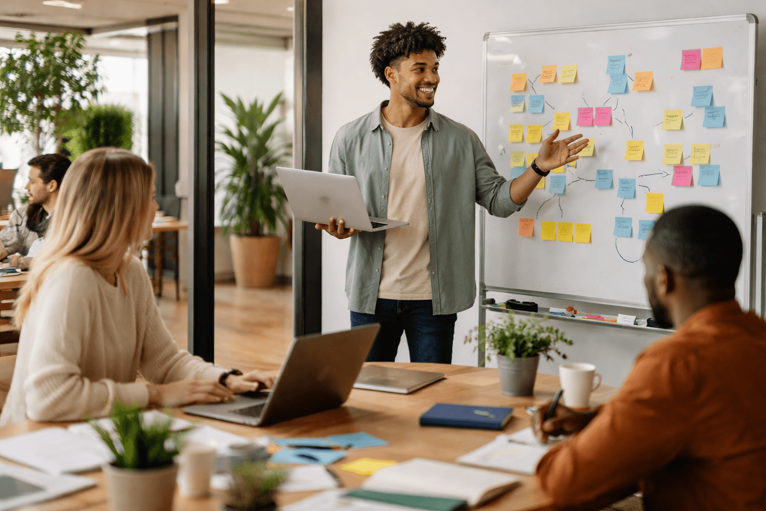 Co-working desk with laptop and whiteboard planning a client project