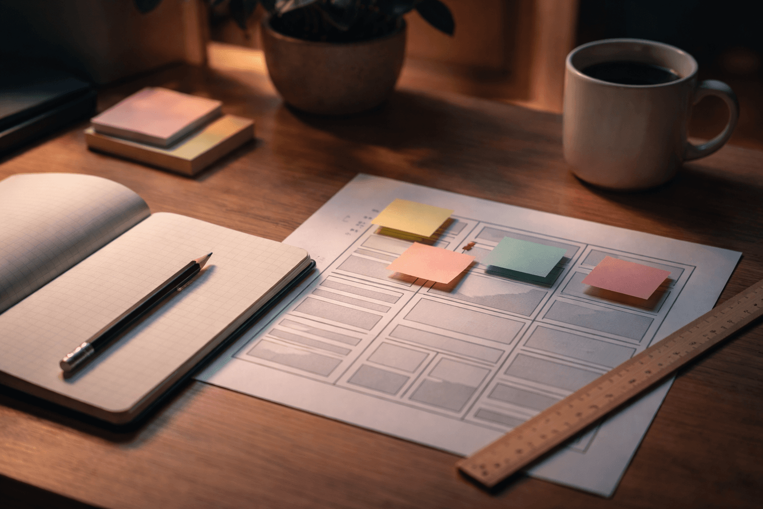 Abstract productivity concept: notebook, pencils, and a minimal layout grid on a desk with warm evening light https://mnyooiivpmhhltlepaan.supabase.co/storage/v1/object/public/client-portal-content/seo-blog/f533e45f-97ff-4e1c-9ec7-ad4553394e18/91787aea-e4ea-4b97-877f-9dae7b1d85b0.png