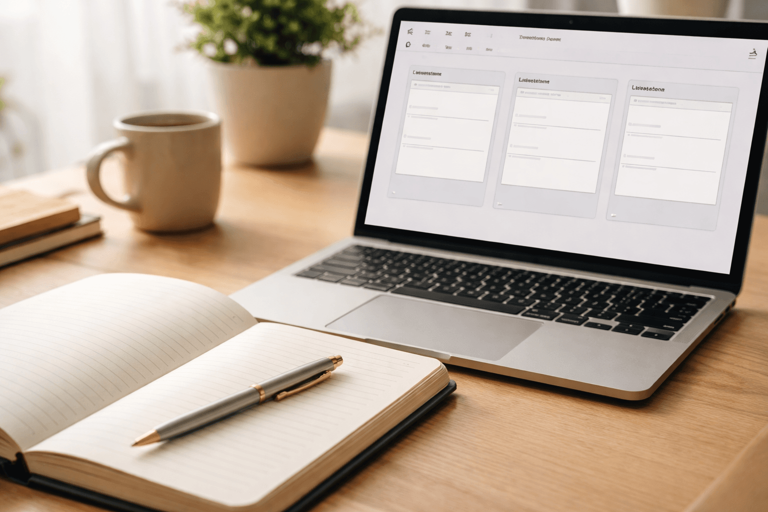 Notebook with a one-page offer statement and service boundaries sketched beside a laptop