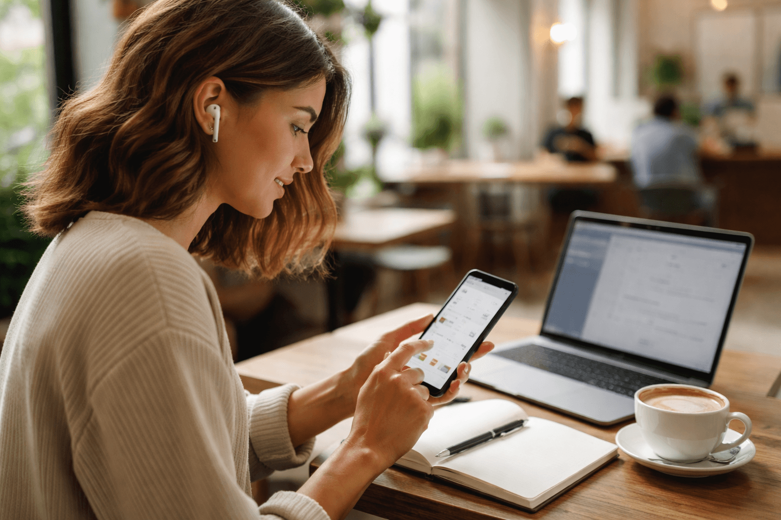 Freelancer using a planner and writing notes at a cafe before client calls