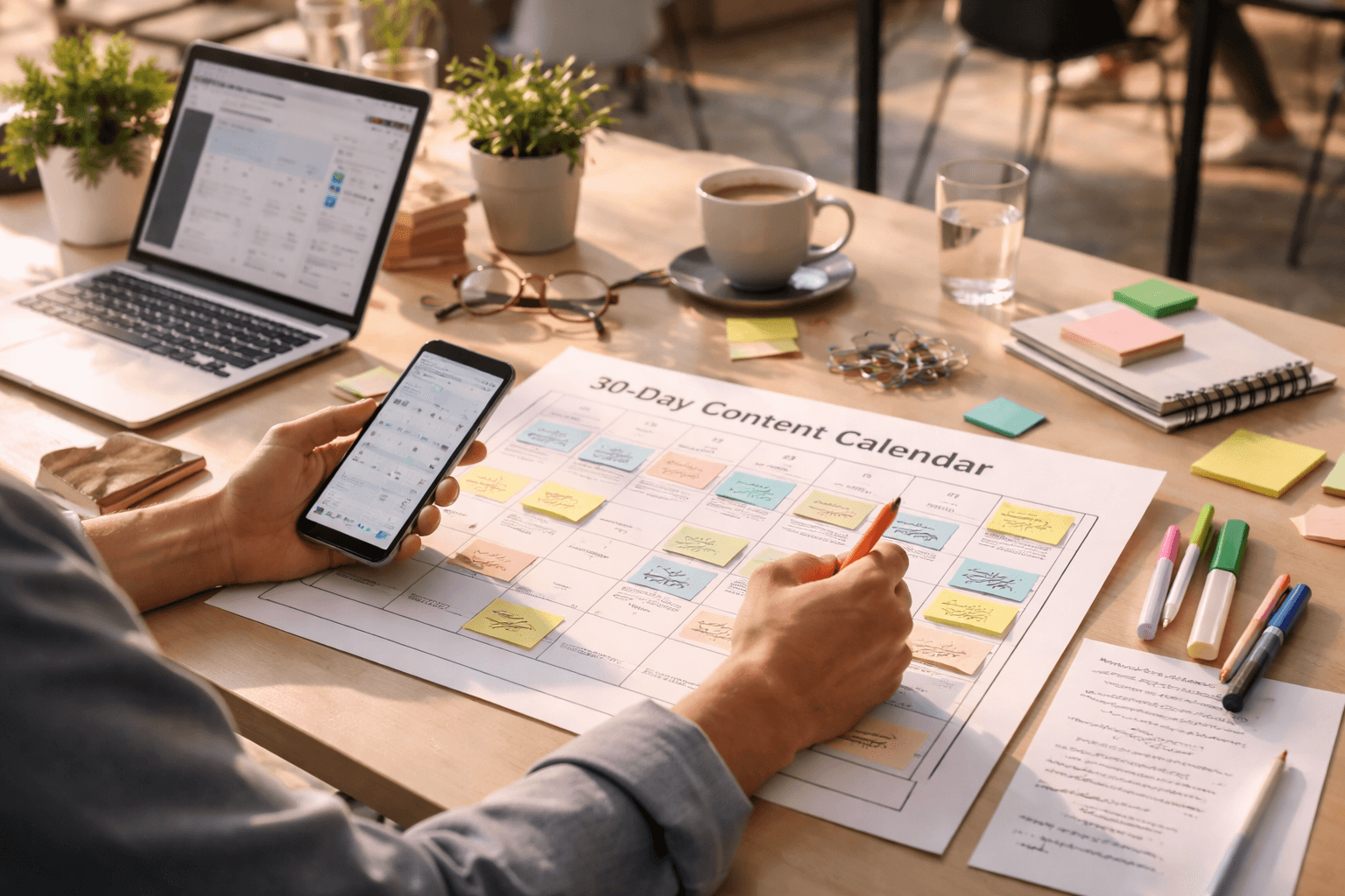 Freelancer working from a cafe table with a laptop open to a content calendar