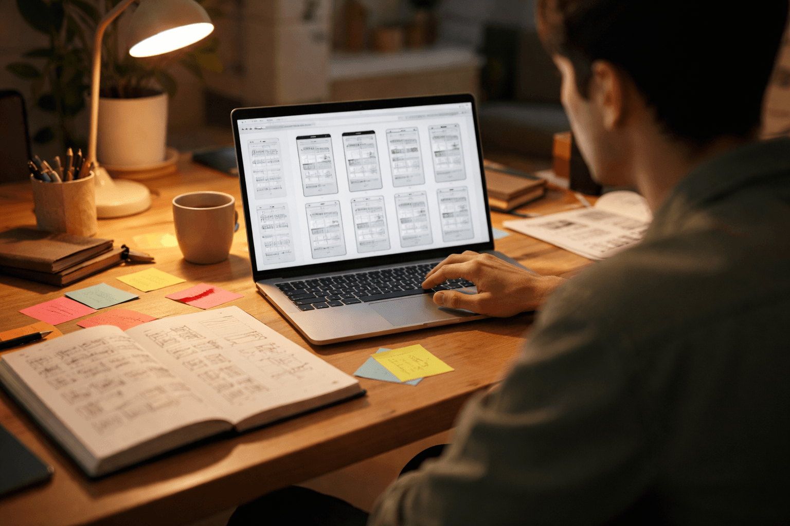 Editorial workspace with wireframes and a laptop at home studio