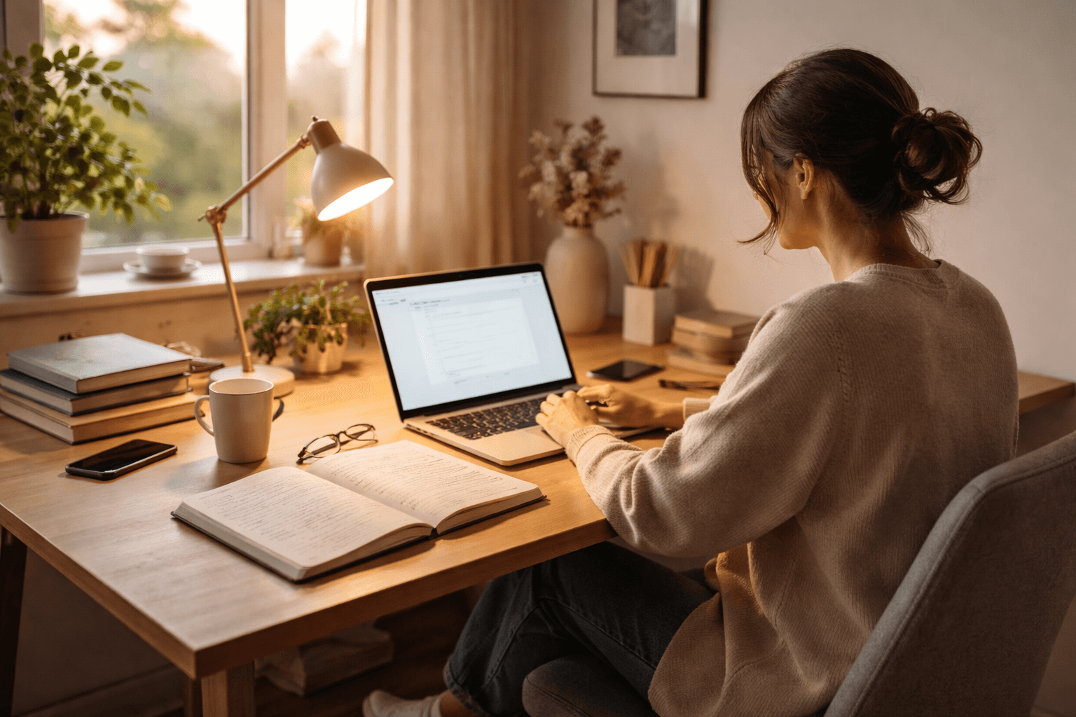 Writer planning niche options with a laptop at a home studio desk during late afternoon