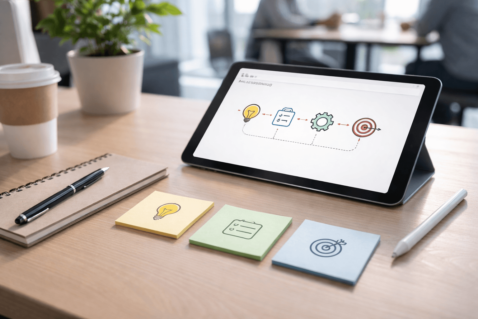 Co-working space desk with a tablet, pen, and sticky notes planning milestones and revisions