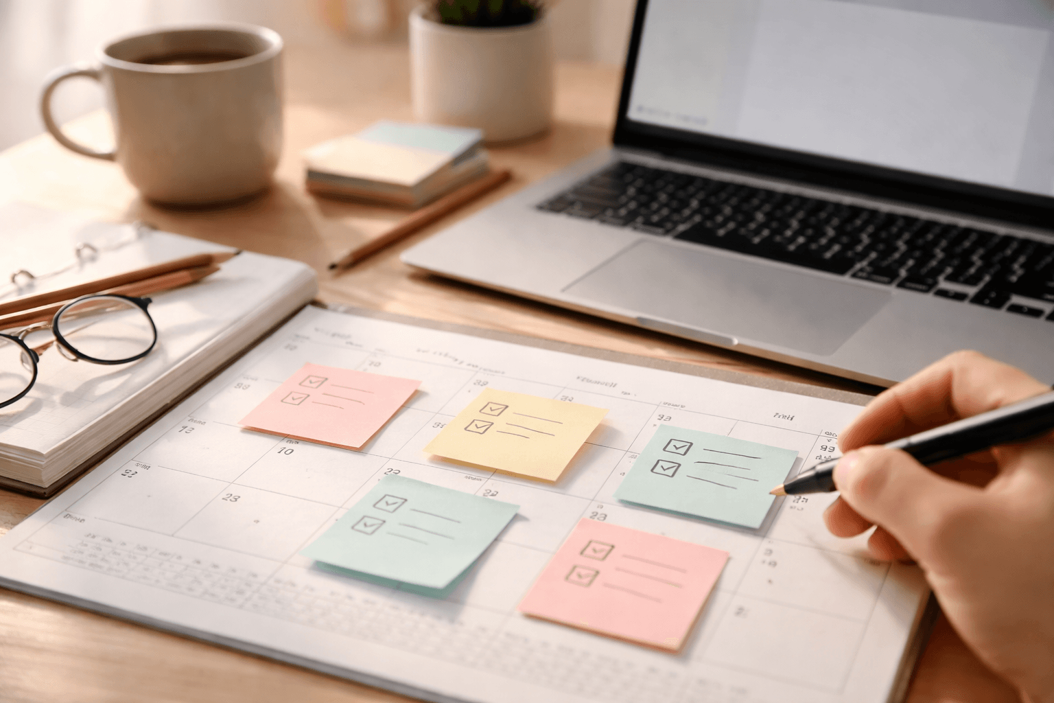 Desk close-up with a laptop, calendar planning, and handwritten project milestones