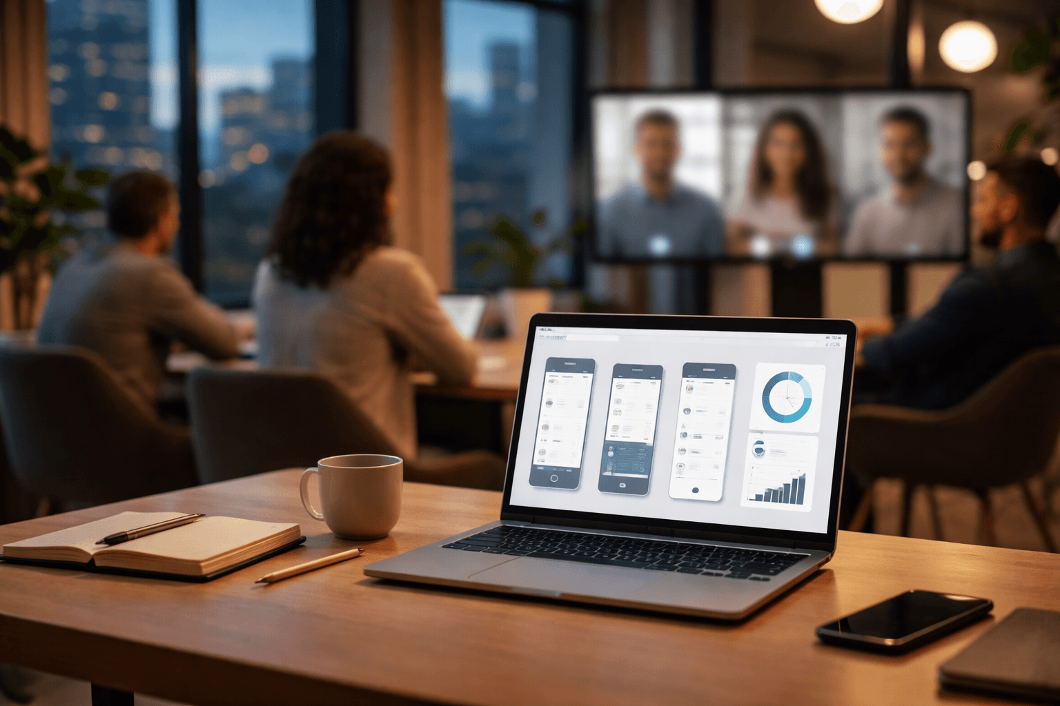 Team meeting screen-share context with portfolio review notes during a client call