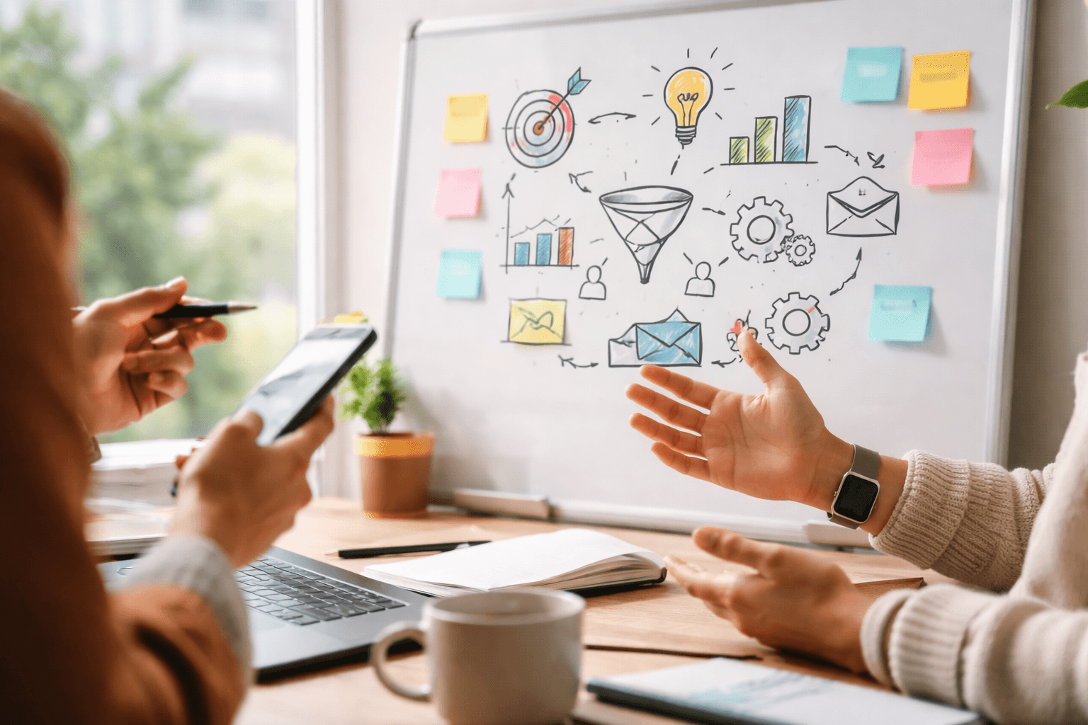 Whiteboard planning session with sticky notes and calendar on table at co-working space