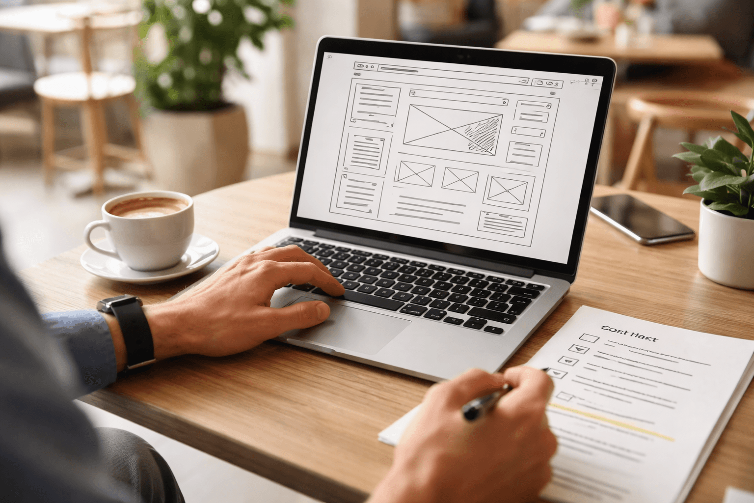 Designer and developer reviewing a website wireframe on a laptop with a checklist
