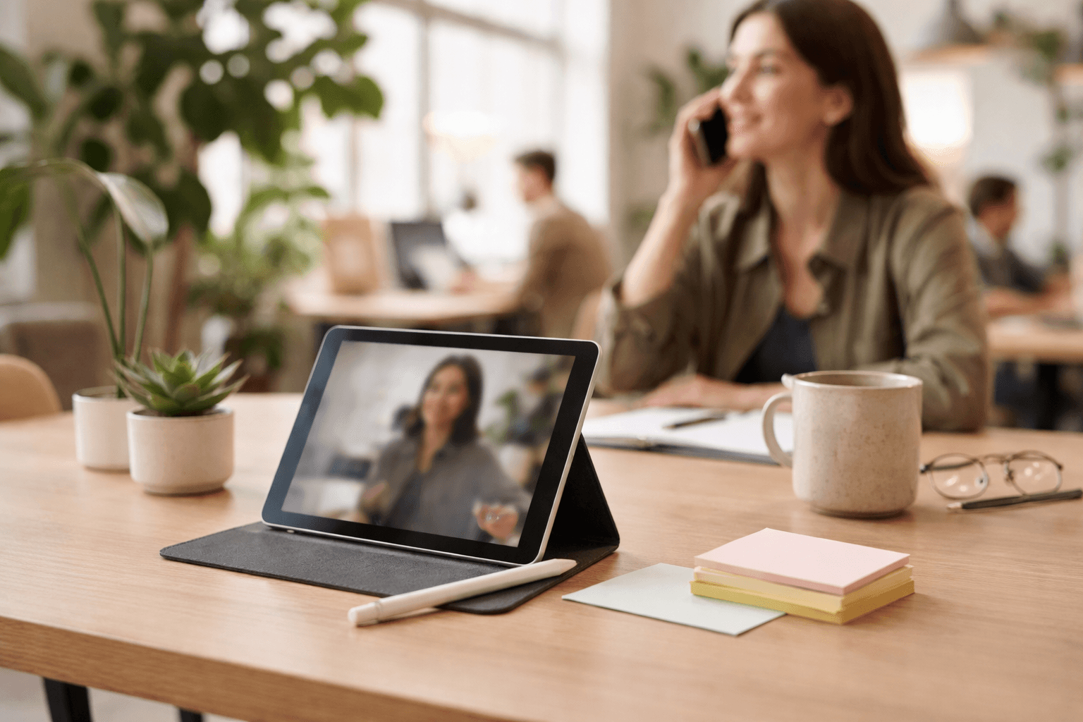 Client call on a tablet with notes, co-working space background, mid-afternoon