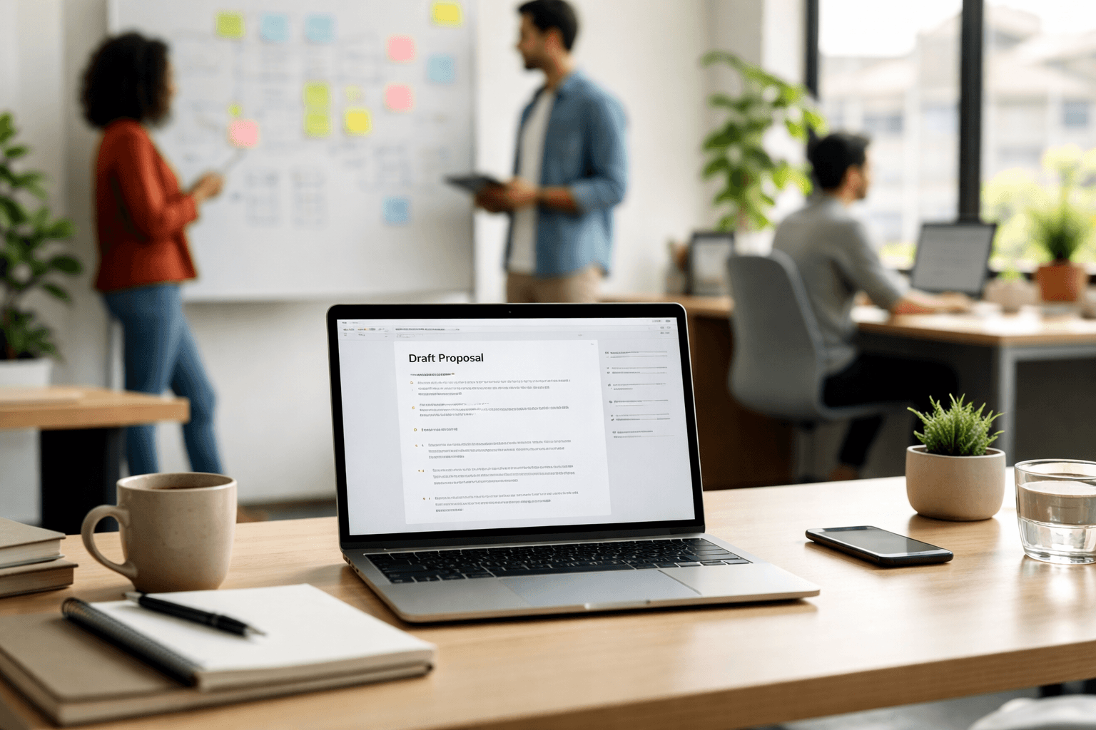 Co-working space during afternoon with a laptop open to proposal draft and a notebook (non-readable UI)