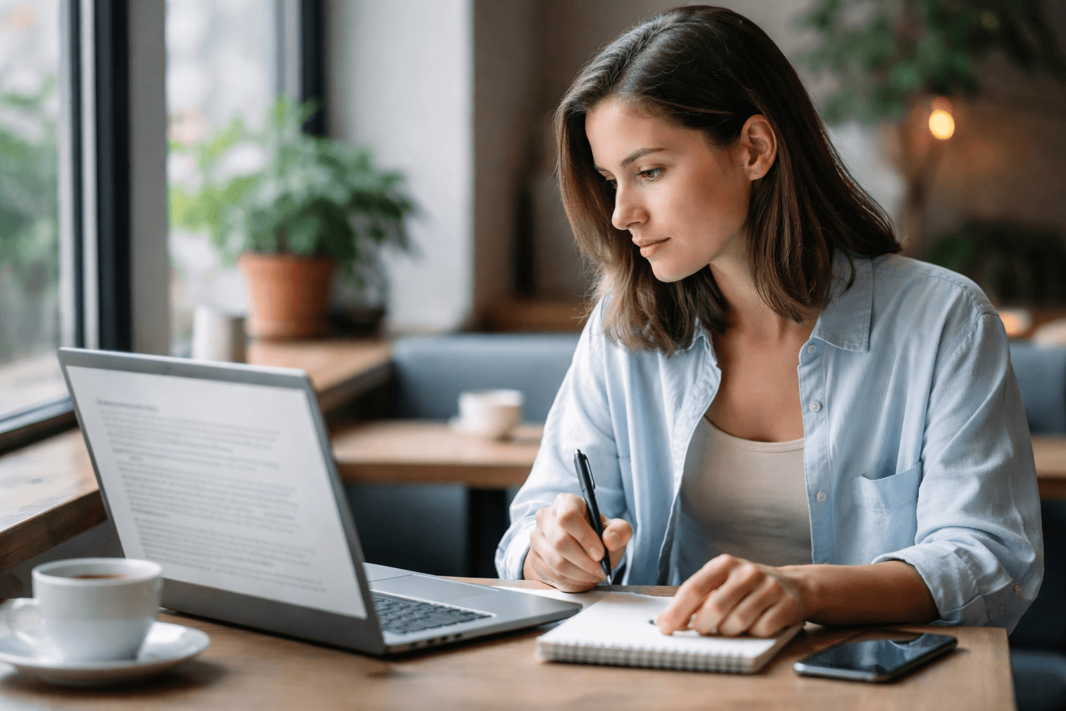 Freelancer in a cafe comparing contract terms and invoice dates on a laptop