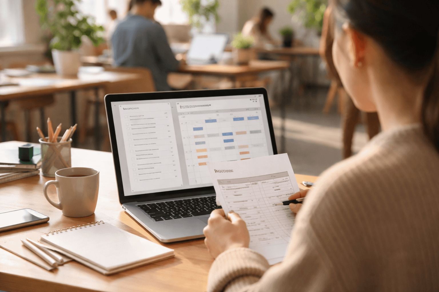 A freelancer in a co-working space during the afternoon, reviewing an invoice checklist on a laptop and calendar