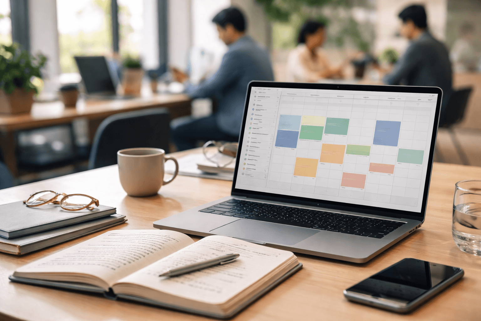 Co-working space table with a laptop open to scheduling and a pen hovering over notes