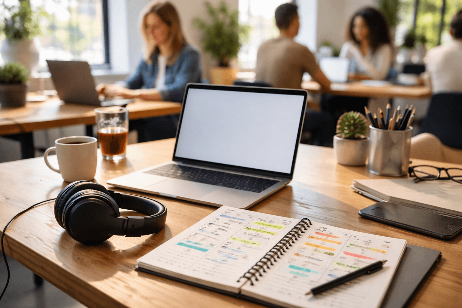 Co-working space scene with laptop, headphones, and a calendar planner on a table