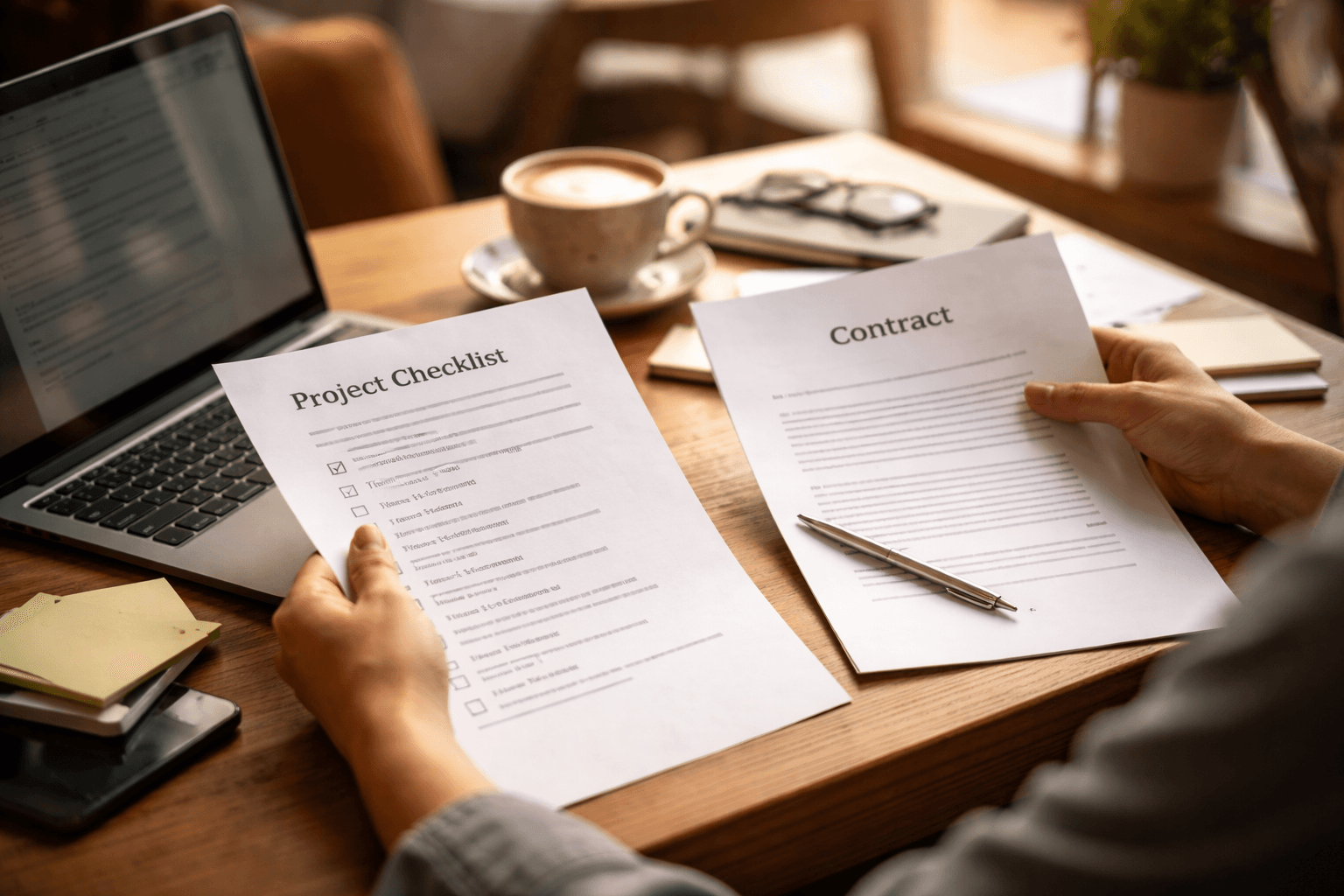 Freelancer reviewing a project brief and contract checklist on a laptop at a cafe table