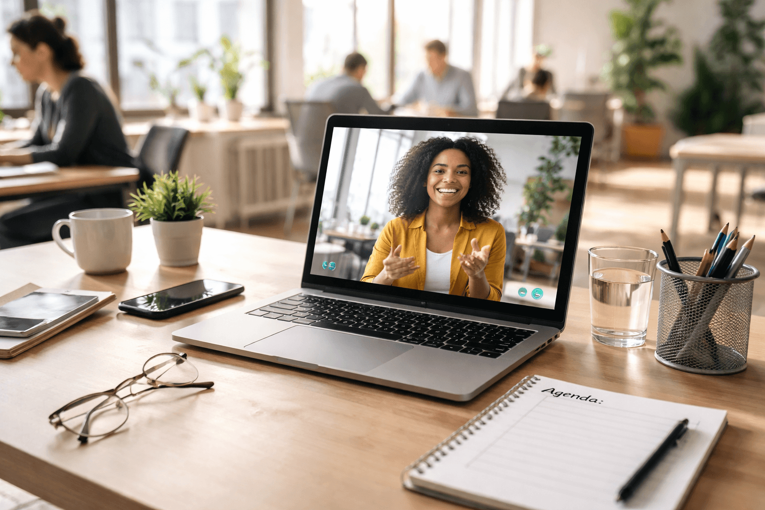Client call on a laptop screen in a bright co-working space, with a tidy agenda visible off-screen