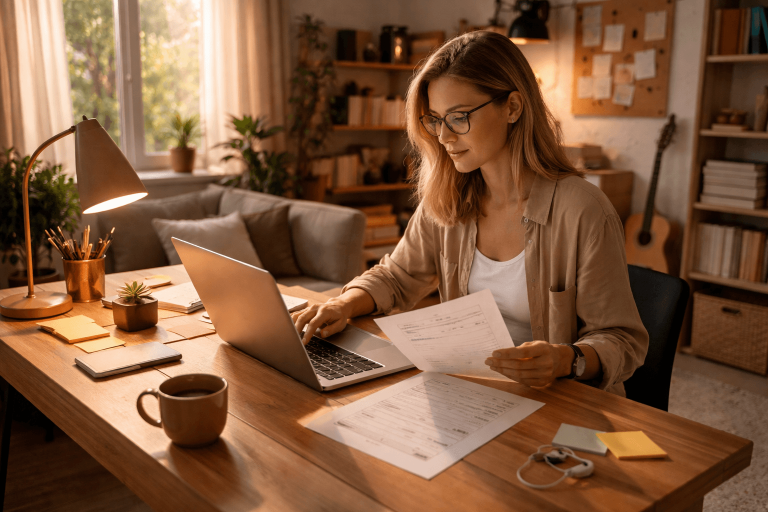 Freelancer reviewing portfolio notes on a laptop in a cozy home studio