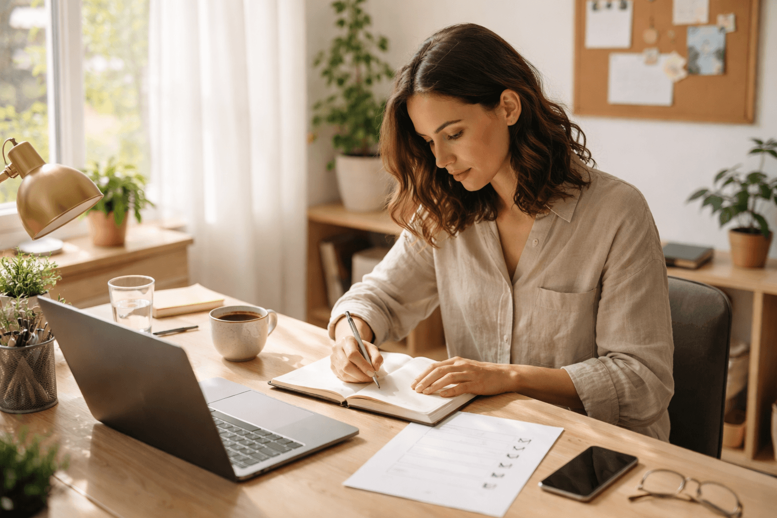 Freelancer setting up a laptop at a home studio during morning light