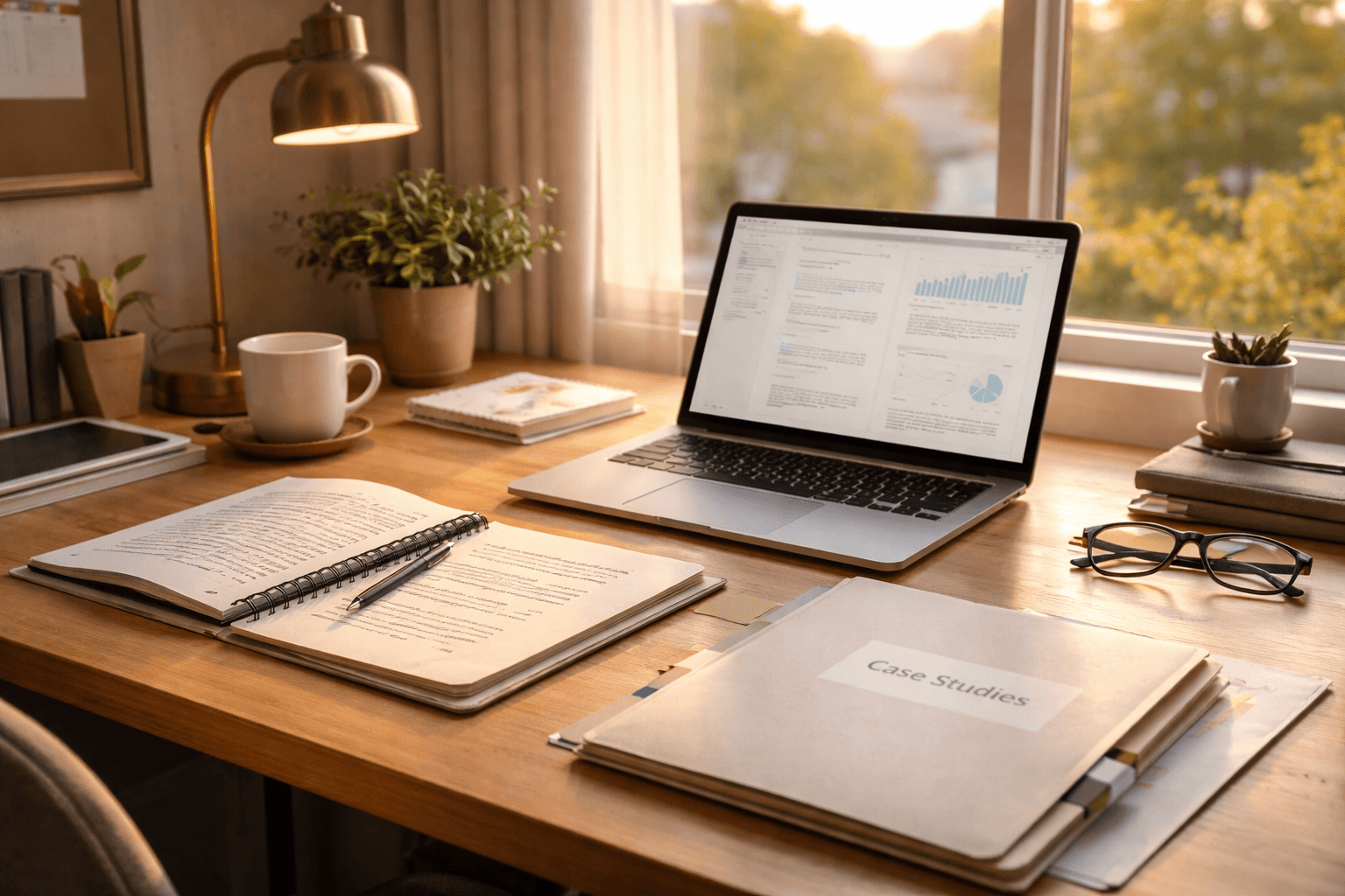 Consultant reviewing notes at a desk with a laptop, papers, and a simple dashboard on screen in warm home-studio light