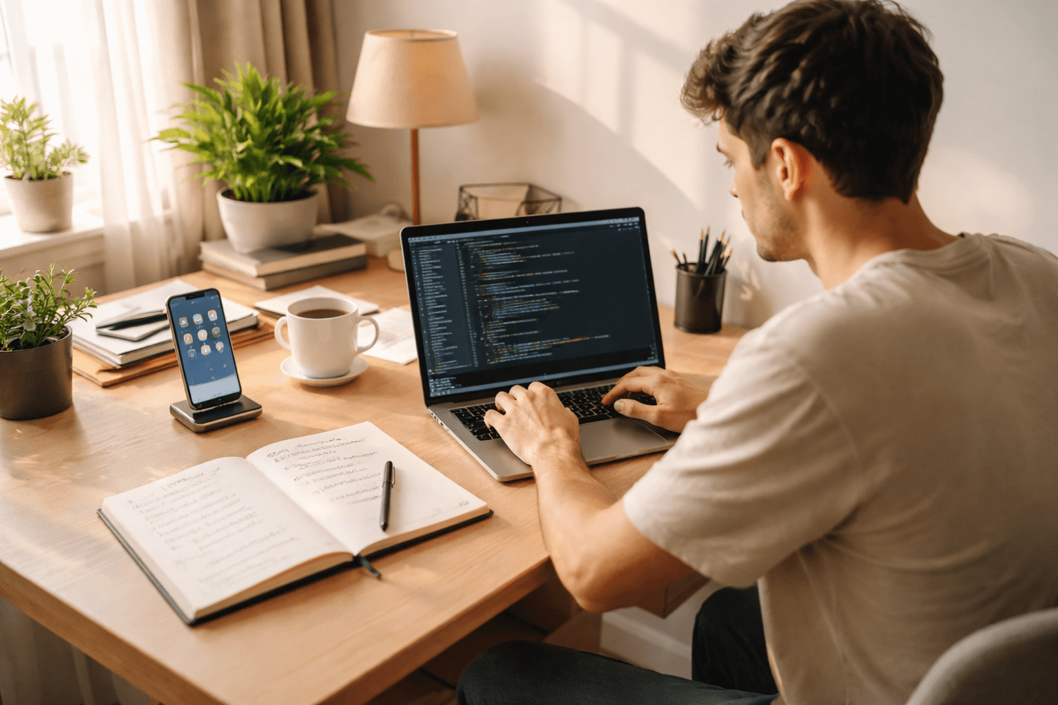 A freelance iOS developer planning tasks in a home studio with a laptop and notes at golden hour