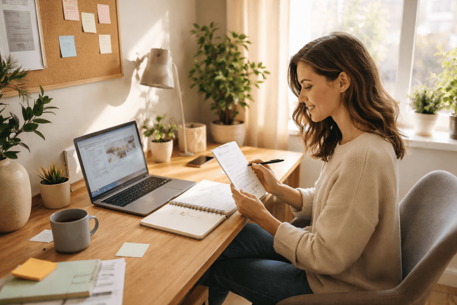 freelancer planning a side hustle at a desk with a notebook and laptop in morning light