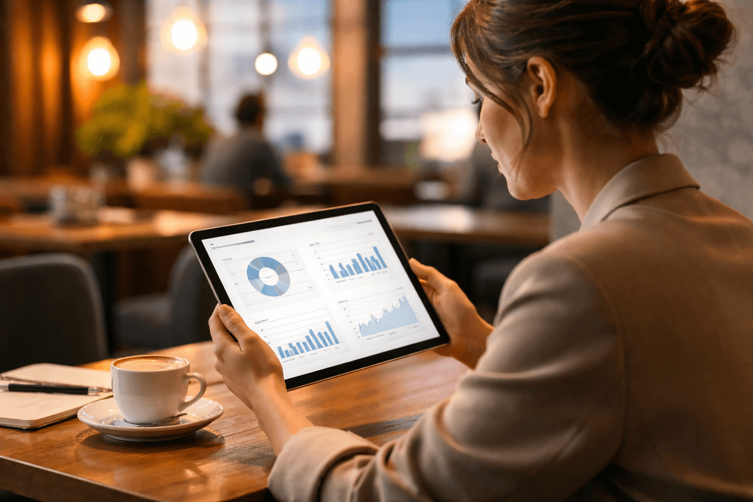 Social media strategist reviewing analytics on a tablet during a cafe work session