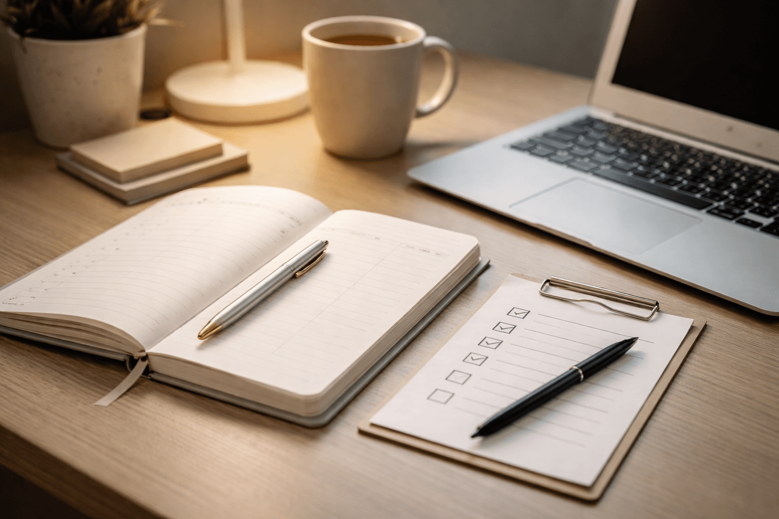 Close-up of a freelancer reviewing a checklist and notes on a white desk planner near the end of the day