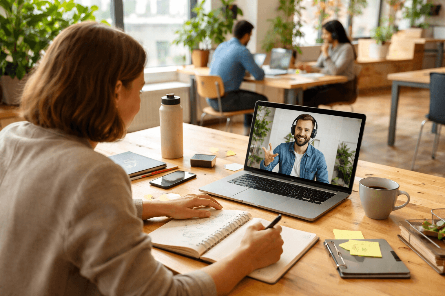 Co-working space scene with a freelancer discussing project scope on a laptop during a daytime client call