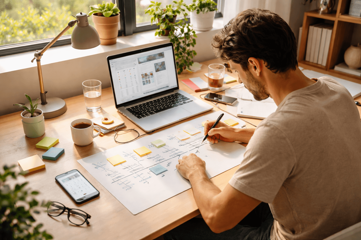 A freelancer planning web projects at a home desk with a laptop and notepad in the morning light