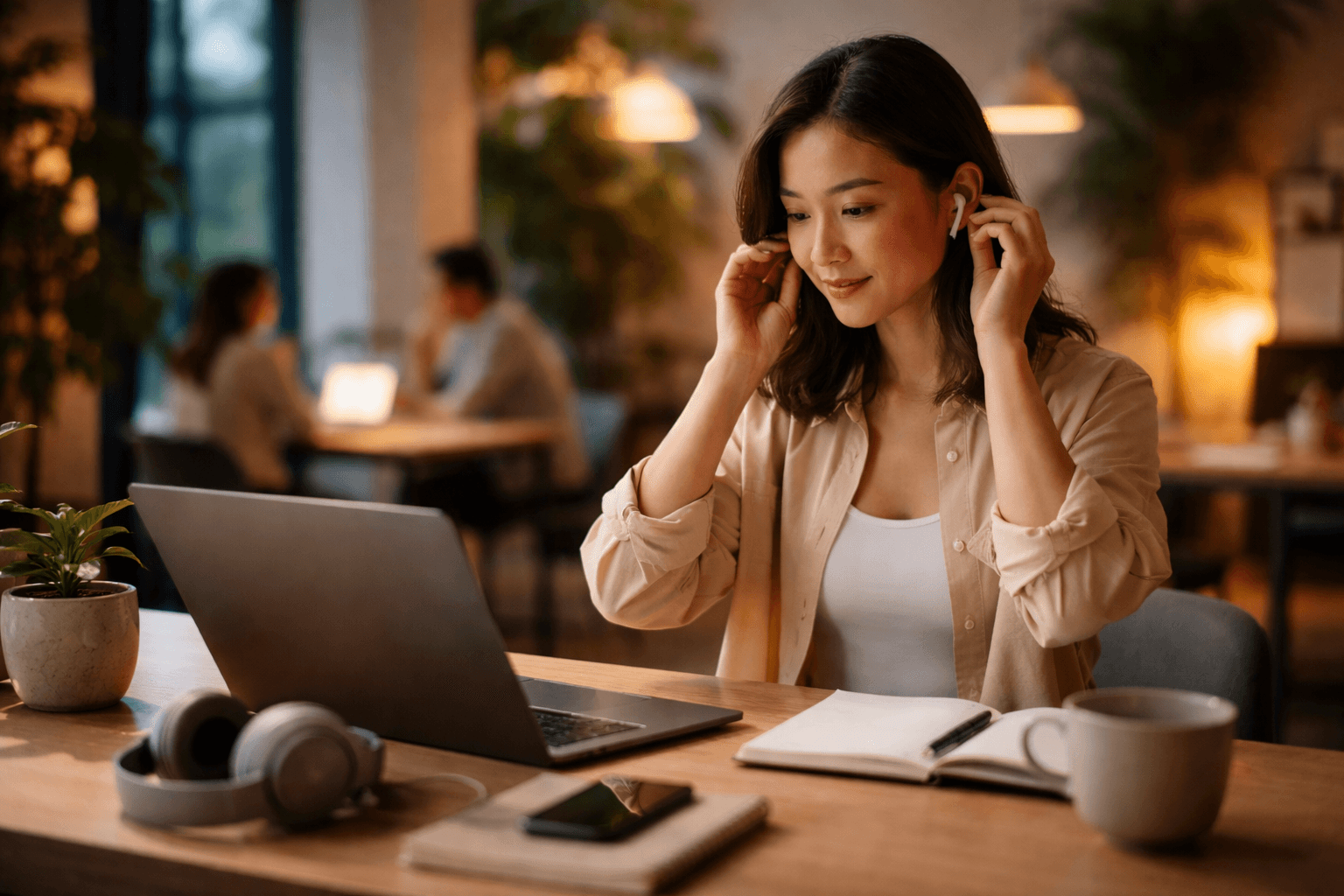 Freelancer in a co-working space preparing notes for a client call