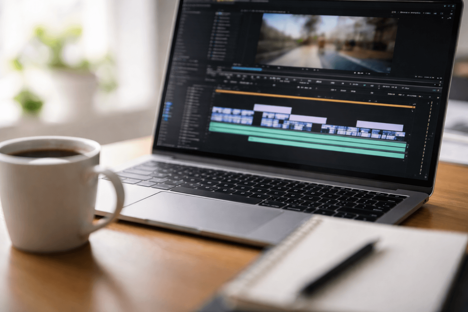 Close-up of a laptop screen with a video timeline and exported thumbnails blurred, desk clutter minimal.