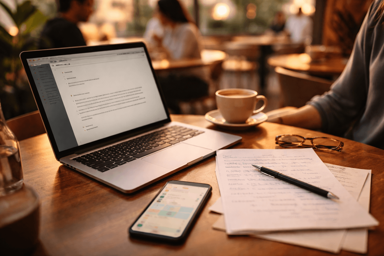 A quiet cafe workstation with a laptop open to a proposal outline and a phone showing a calendar, late afternoon light