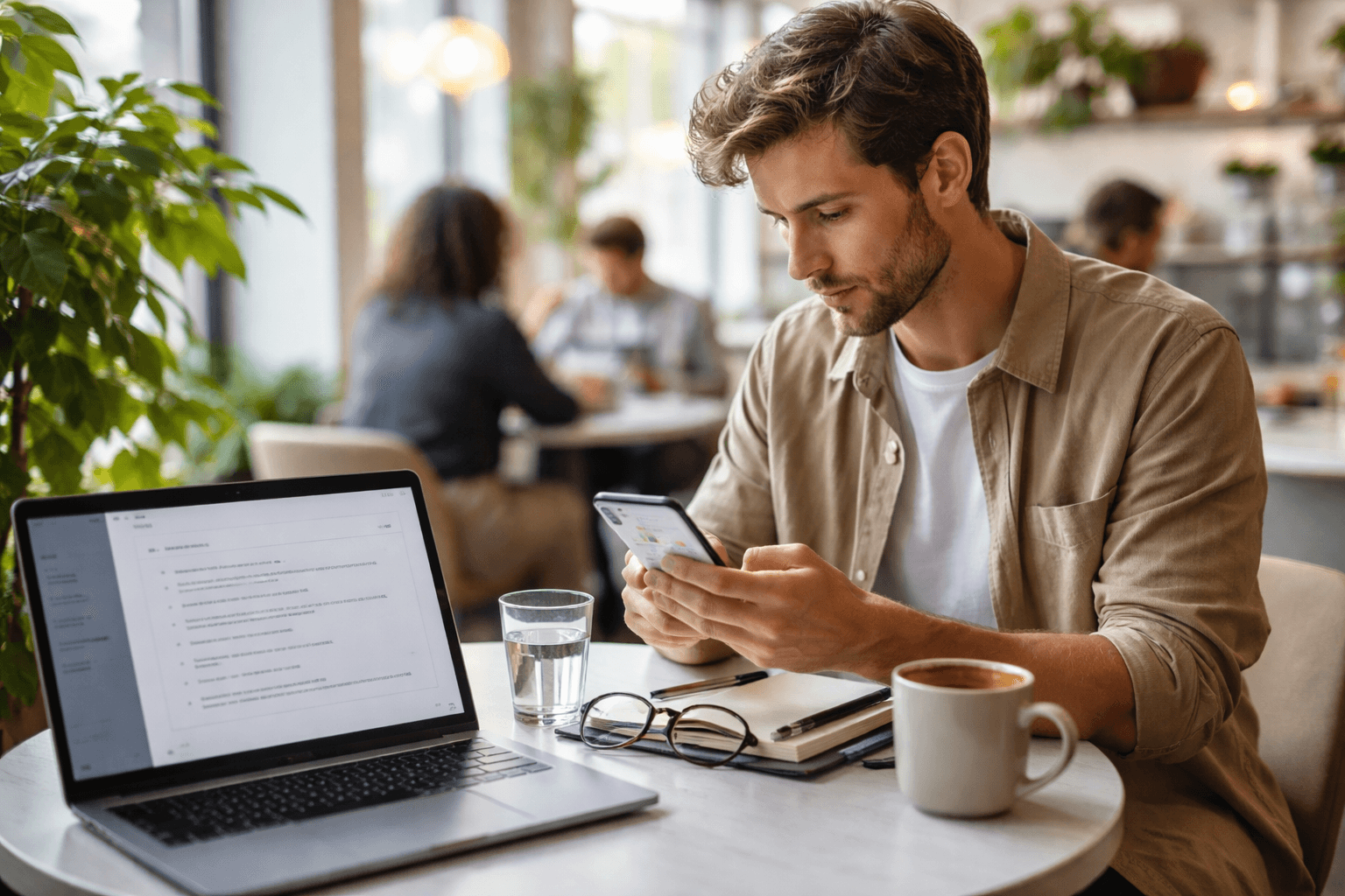 Freelancer in a café reviewing a laptop calendar and proposal notes, daytime natural light