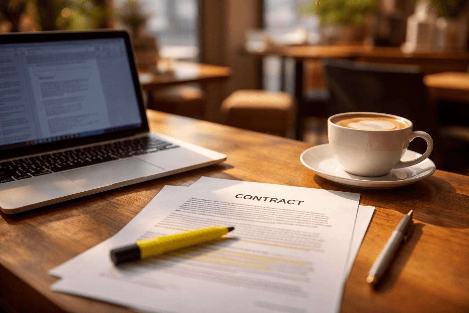 Coffee shop laptop with contract checklist paper beside a notebook