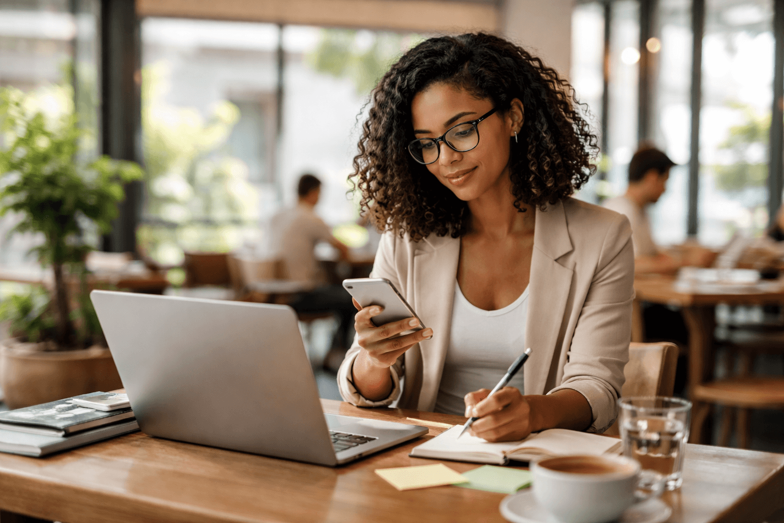 Freelancer working from a cafe with laptop tabs for leads and outreach targets