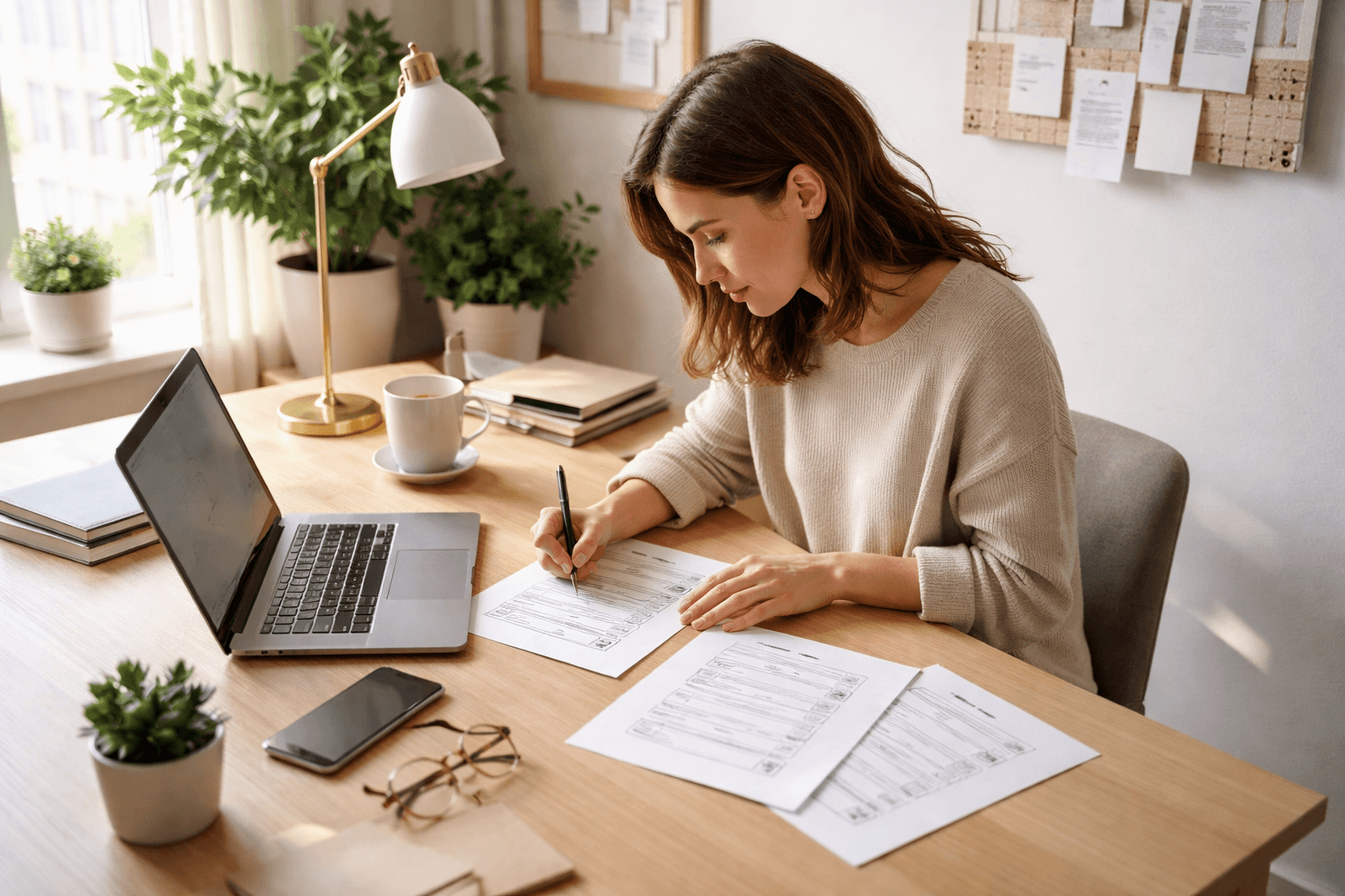 Freelancer at a home desk reviewing documents and a laptop, morning light, editorial style