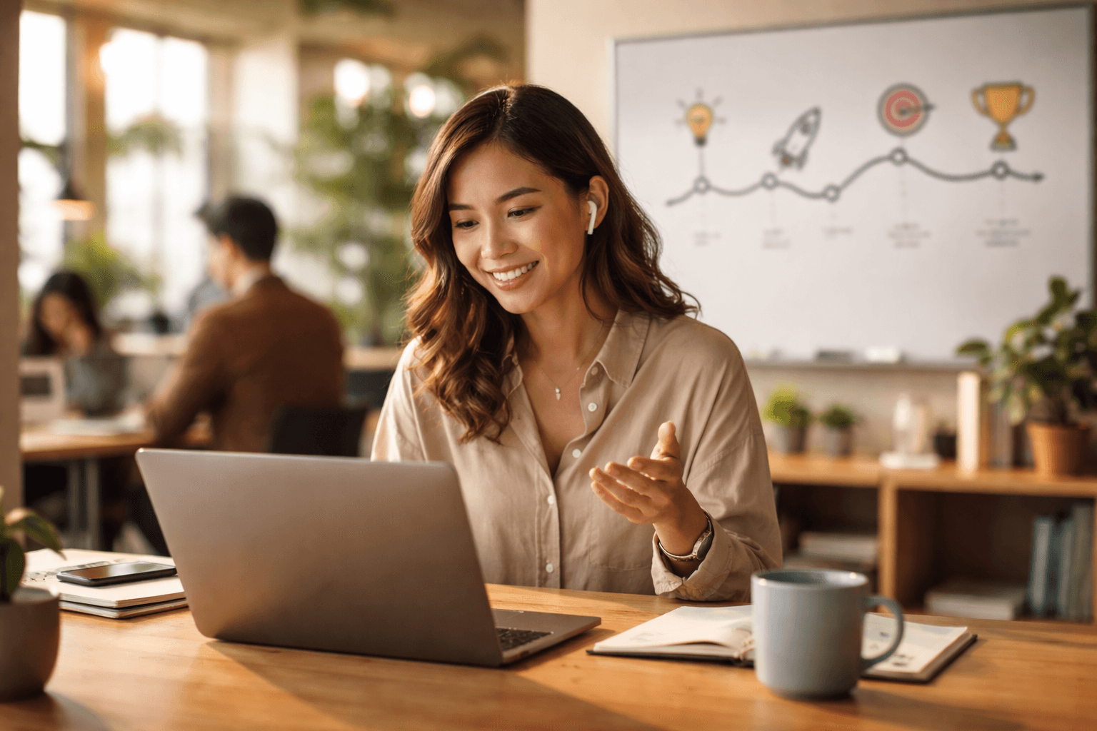 Remote call on a laptop with a shared checklist and calendar blocks visible in the background