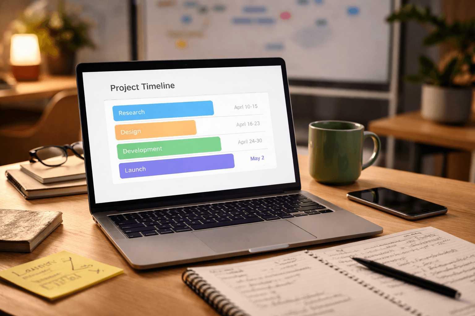Co-working space desk with notes, laptop, and a simple project timeline whiteboard—symbolic of agreement and planning