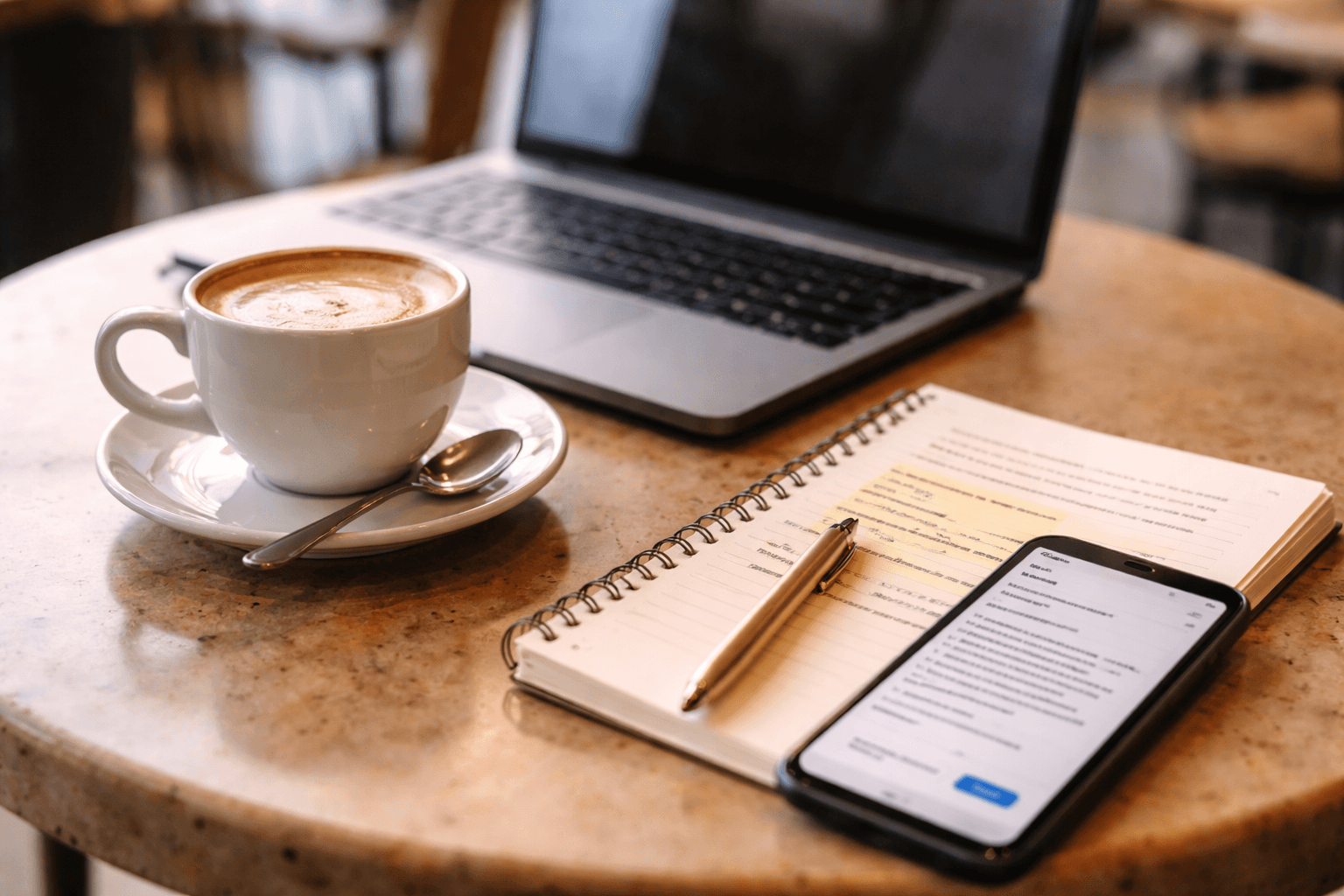 A cafe table with laptop, pen, and a handwritten referral note