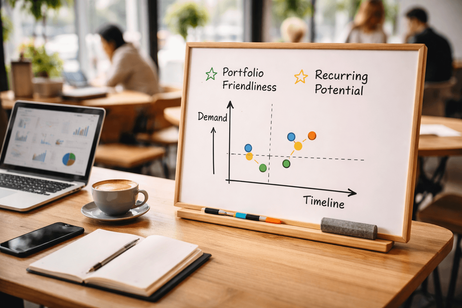 Café workspace with a laptop open to notes and a small whiteboard showing a skill selection matrix