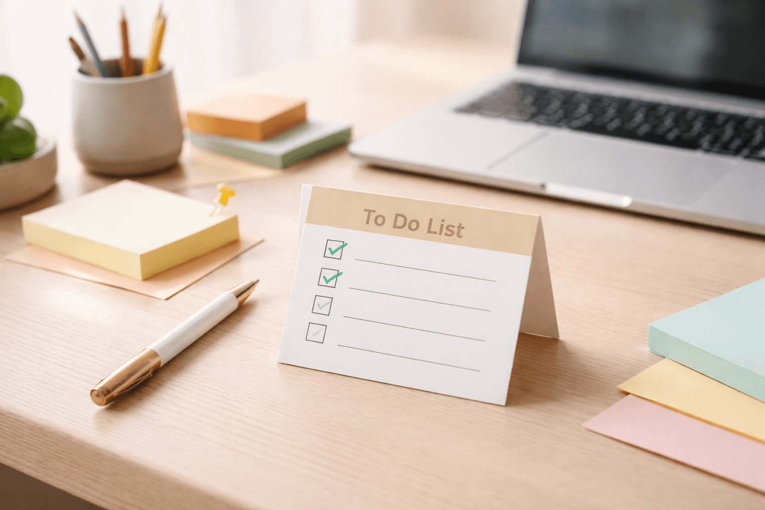 Abstract productivity concept: checklist and workflow cards on a desk near a laptop