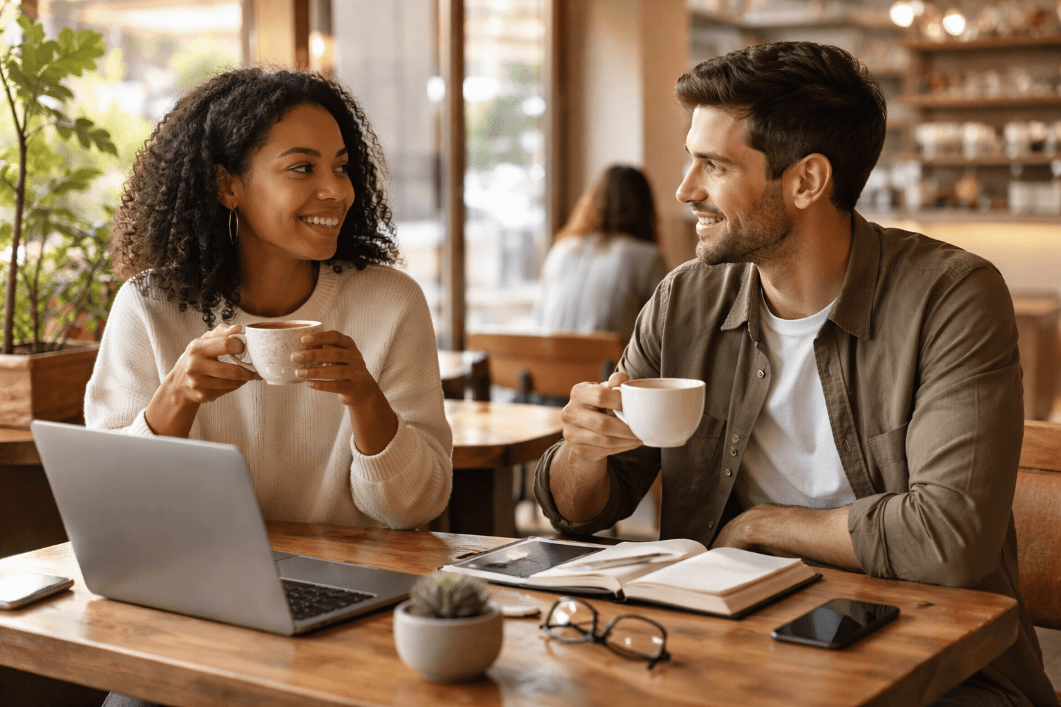 Freelancer having a coffee conversation with a potential referral partner in a calm cafe