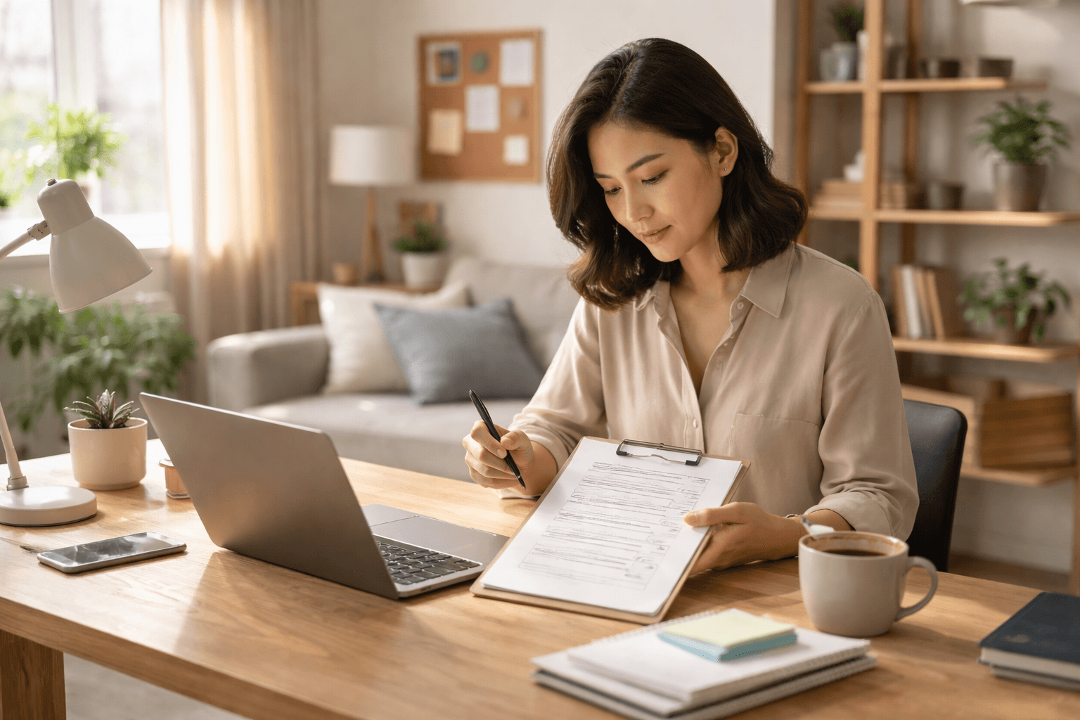 Freelancer reviewing paperwork at a home desk with soft morning light