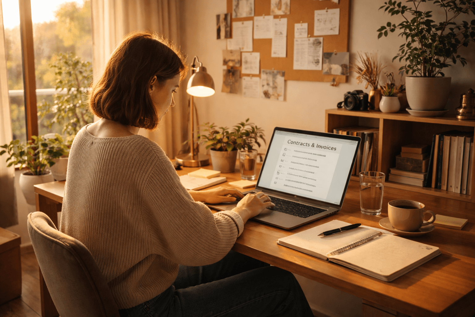 A freelancer at a home desk late afternoon reviewing business notes on a laptop and printed documents