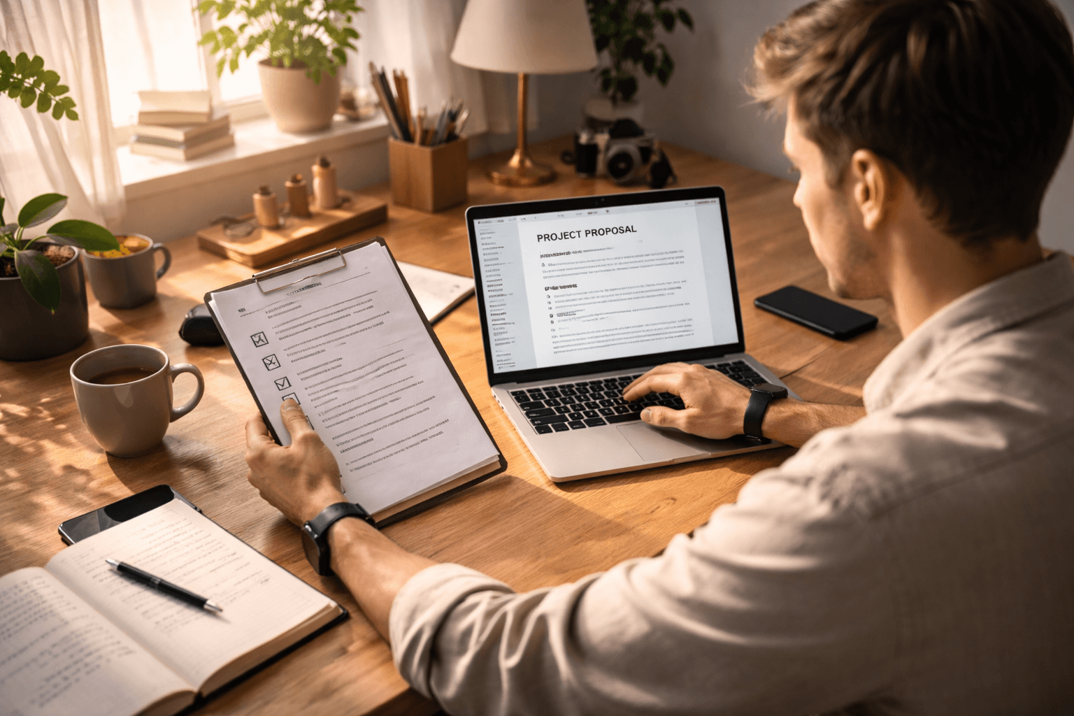 Freelancer planning in a home studio with laptop and notebook