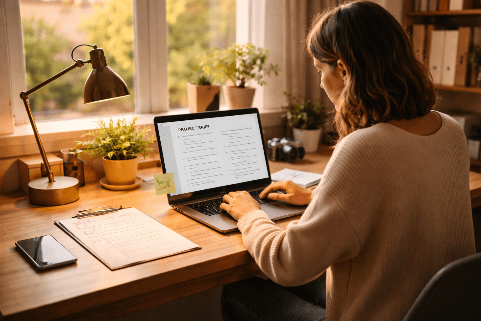 Freelancer reviewing a project brief on a desk with sticky notes and a laptop at home