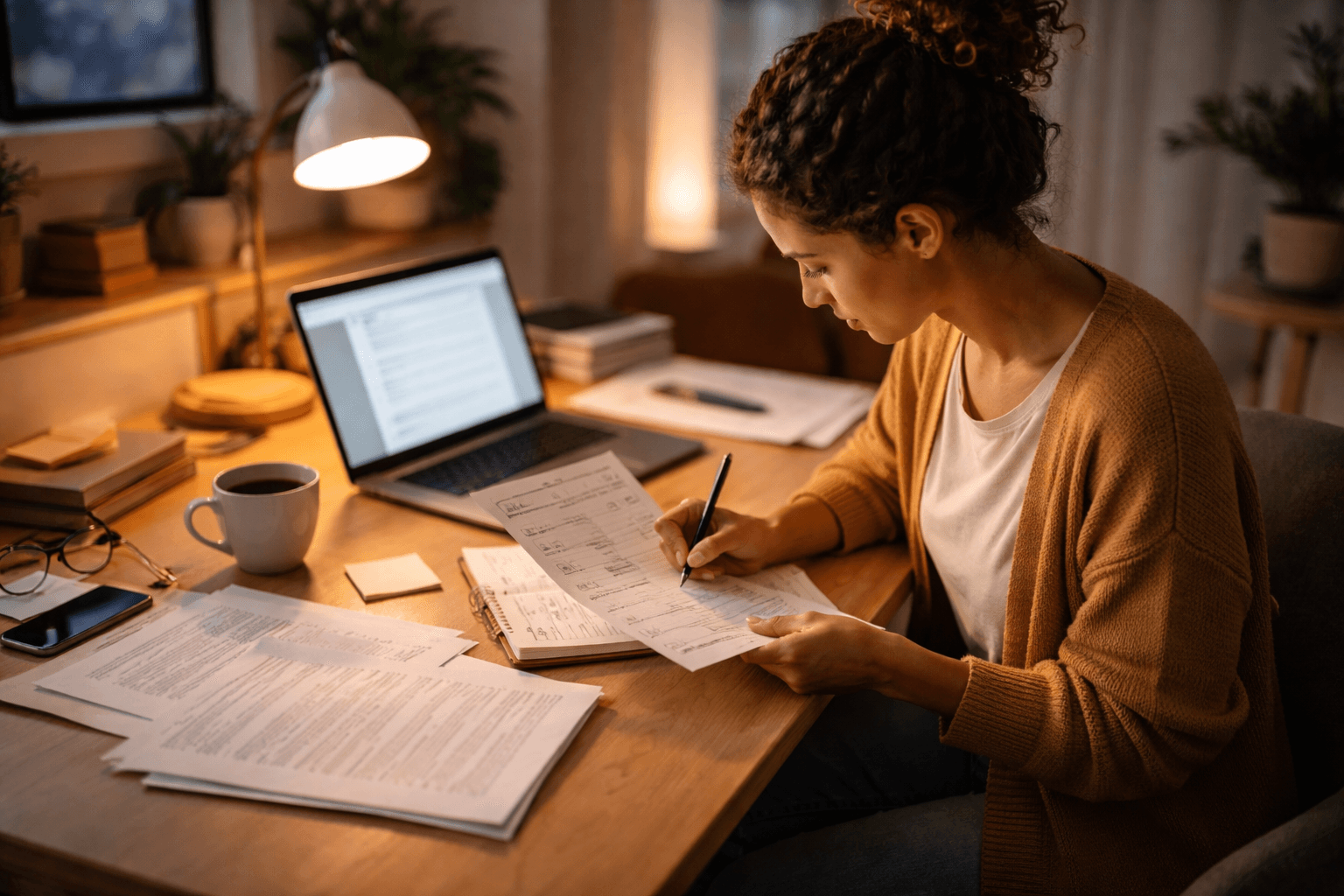A consultant reviewing notes in a home office during early evening light