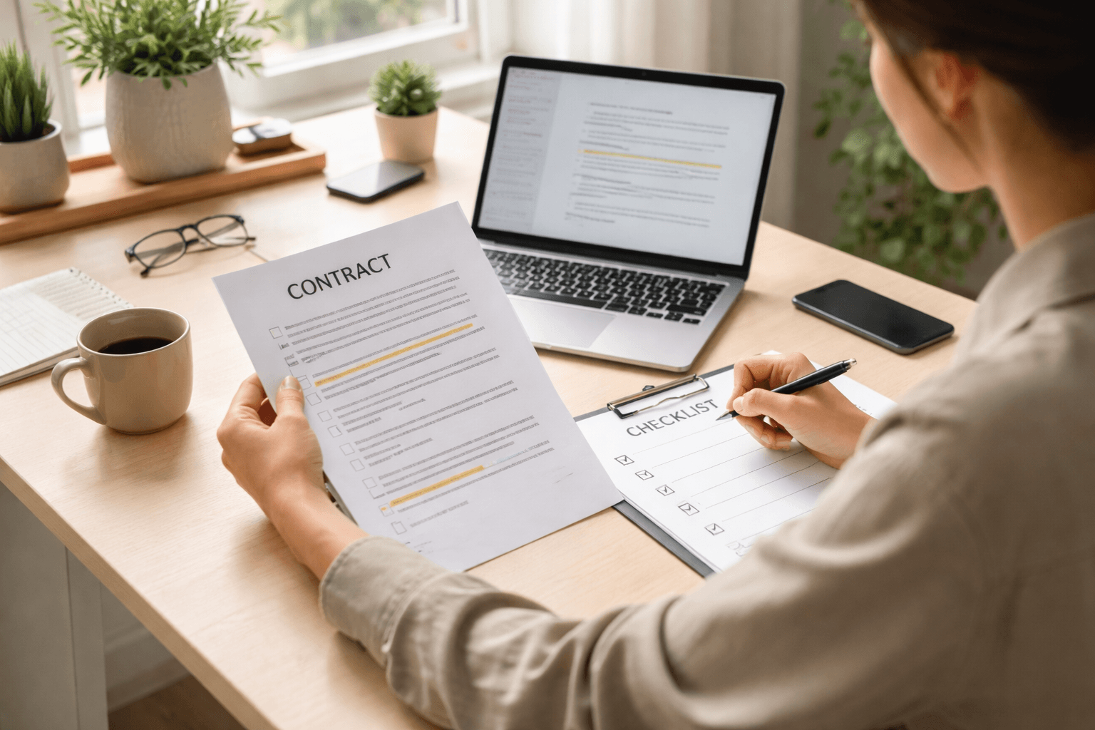 Freelancer reviewing contract terms at a home office desk during daytime